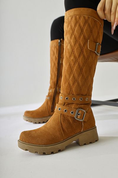 Limoya Γυναικείες μπότες Carma Brown Suede με λεπτομέρεια καπιτονέ ραφής