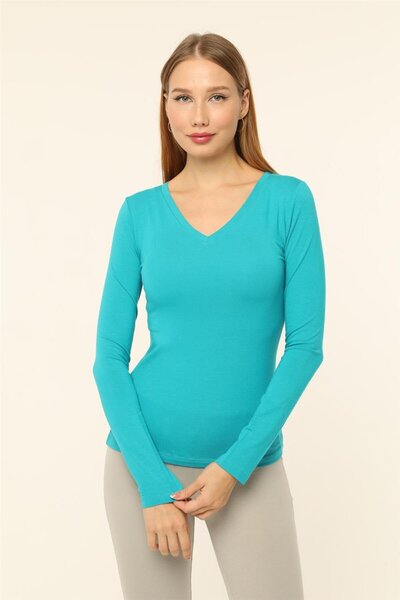 HomeStore Tshirt V Yaka Uzun Kol Basic - Turquaz