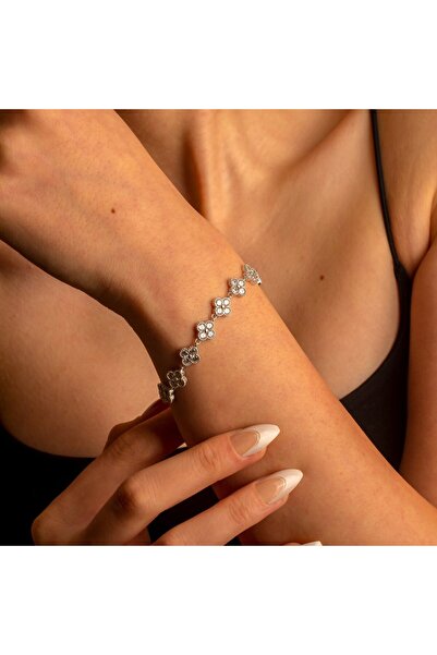 Işıltı Silver 925 Gümüş | Zirkon Taşlı Yonca bileklik