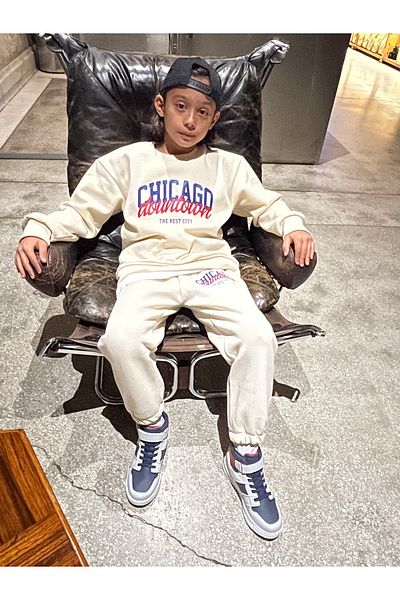LePold Set de pantaloni de trening oversize pentru fete/băieți, cu 3 fire, fund bej, bej, imprimat Chicago