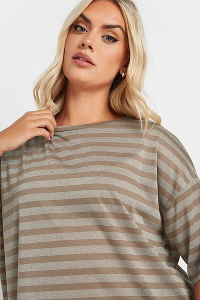 Stil Diva Large Size Crew Neck Short Sleeve Striped Side Slits T-Shirt 303612