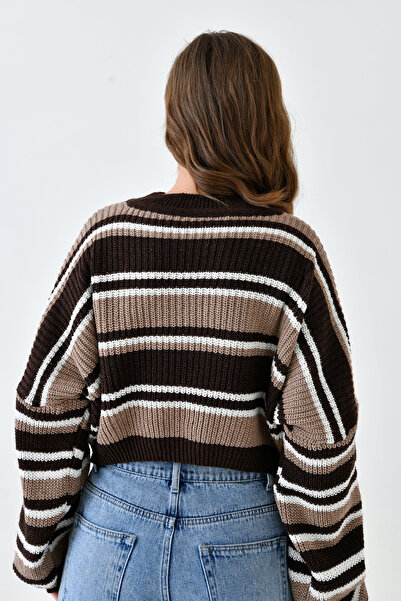 bayansepeti Ριγέ Oversize Knitwear Crop πουλόβερ - Crew Neck, Μακρυμάνικο 6400