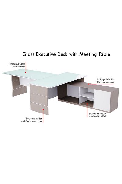 Mahmayi Light Concrete + Premium White GED-5 Glass Executive Desk 320 cm