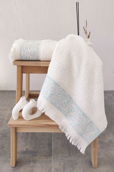 Sevim 2 Pack Embossed Bordered Face/Head Towels - Soft & High Absorbent & Cotton - 50 X 85 cm - Mint