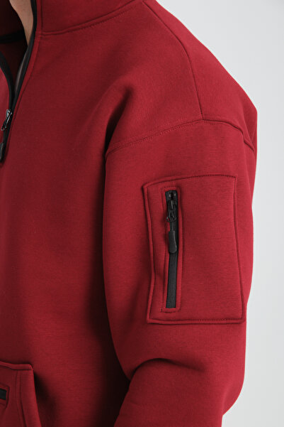 Store Erkek Bordo UNİSEX OVERSİZE PAMUKLU İÇİ POLARLI DİK YAKA KANGURU 3 CEPLİ SWEAT
