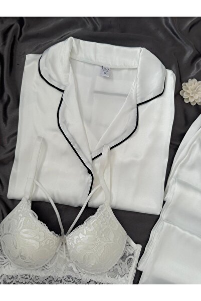 Lena Homewears Kadın Saten Düğmeli Moment 4'lü Kısa Kollu Pijama Takımı Çeyiz