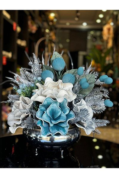 TASARIMHMODA Vază plată argintie cu aranjament de flori artificiale Nr.:25