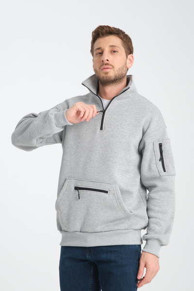 Store Men's Gray Unisex Oversize Cotton Inner Fleece Standing Collar Kangaroo 3 Pocket Sweatshirt
