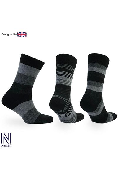 NORFOLK Stockholm Merinos Premium сиви раирани вълнени чорапи с фина плетка - 3 чифта