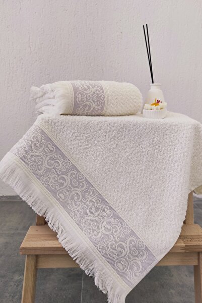 Sevim Σετ λιλά 2 πετσετών χεριών/προσώπου - με ανάγλυφο περίγραμμα και μαλακές φούντες - 50x85 cm