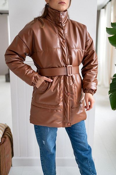 Elbee Fashion Woman Кожено пухено яке с колан