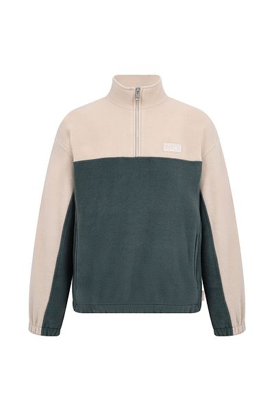 Eazy Co Hanorac unisex din lână - bej kaki, jumătate de fermoar, detaliu cu logo-ul din cauciuc, buzunar dublu, țesătură polar