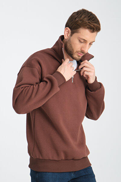 Store Чоловічий кавовий UNISEX OVERSIZE БАВОВНЯНИЙ ВНУТРІШНІЙ ФУТАР З ВОВНОЮ ВЕРТИКАЛЬНИЙ КОМИР ПІВЗАСТІБКА SWEAT