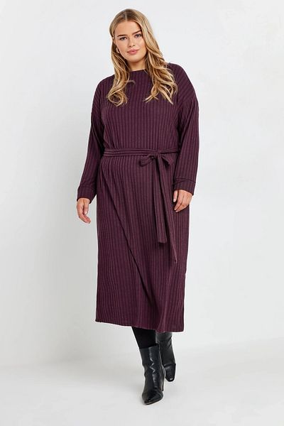 Stil Diva Plus Size Belted Straight Cut Ribbed Long Sleeve Unlined Midi Dress 322195