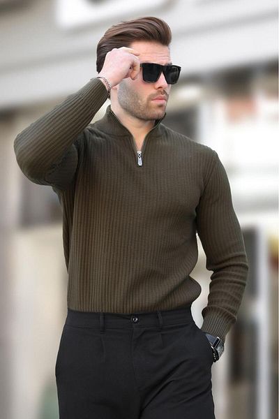 Madmext Khaki Polo Collar Zipper Detailed Long Sleeve Men's Sweater 7282