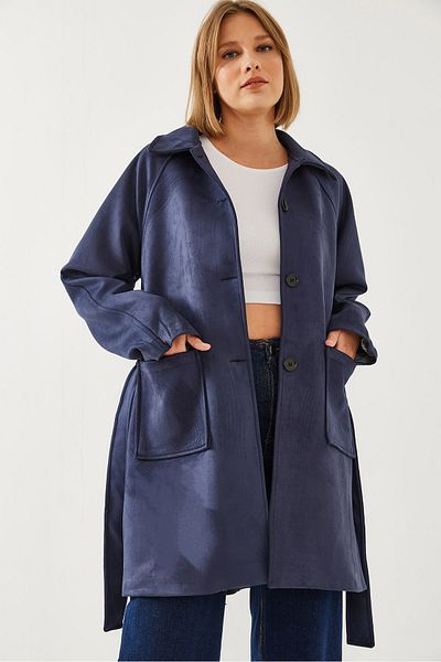 Bianco Lucci Women's Striped Lining Detail Belted Suede Trench Coat 2601 60351118