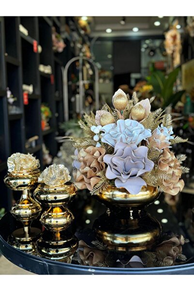 TASARIMHMODA Yapay Çiçekli Gold Yassı Vazo 3 Parça Set No:7