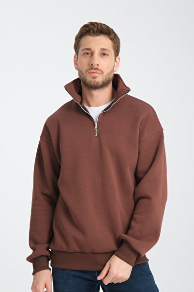 Store KAHVERENGİ UNISEX OVERSIZE PAMUKLU İÇİ POLARLI YÜNLÜ DİK YAKA YARIM FERMUAR SWEAT