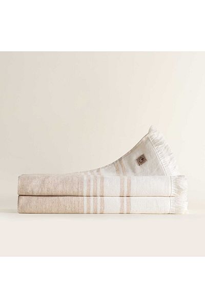 Ecocotton Σετ πετσετών μπάνιου Erva 2 τεμαχίων - 100% οργανικό βαμβάκι και λινό, μπεζ μελανζέ, 70x140 εκ.