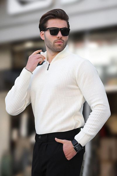 Madmext Ecru Polo Collar Zipper Detailed Long Sleeve Men's Sweater 7282