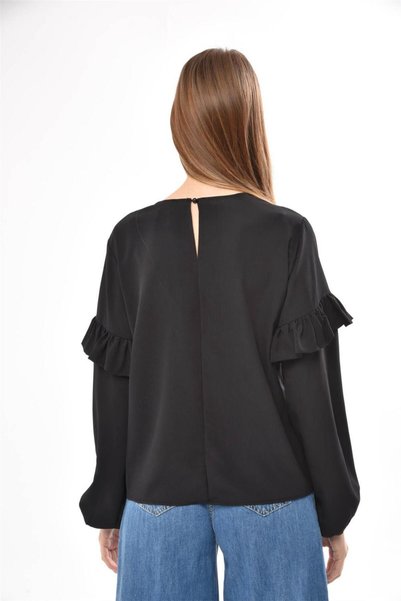 HomeStore Blouse Dgrl Embroidery Sequined Sleeve Ruffled Neck Buttoned Sleeve L - Black