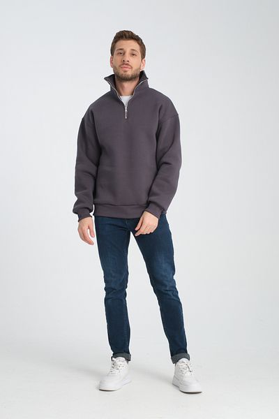 Store Unisex καφέ oversize βαμβακερό φούτερ Fleece - Όρθιος γιακάς, μισό φερμουάρ
