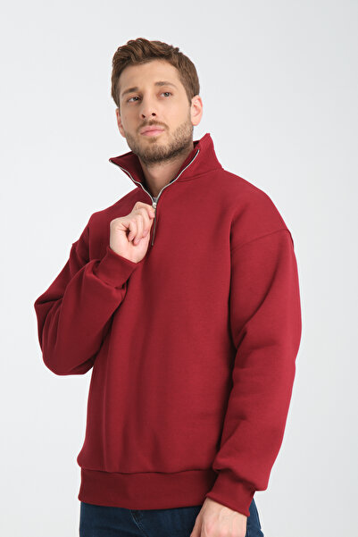 Store Чоловічий бордовий UNISEX OVERSIZE бавовняний з флісовою підкладкою, вовняний, з високим коміром, напівоб'ємний SWEAT