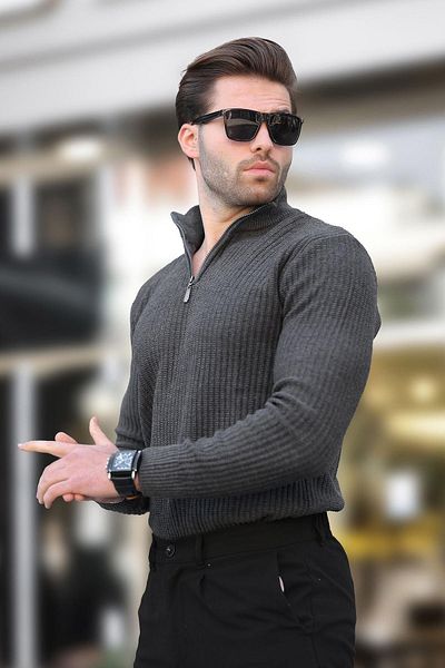 Madmext Anthracite Polo Collar Zipper Detailed Long Sleeve Men's Sweater 7282