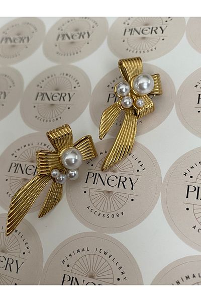 Pinery Jewels Stainless Steel Women's Earrings - Ribbon Pearls, Pair Set