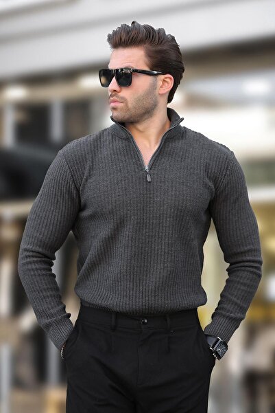 Madmext Anthracite Polo Collar Zipper Detailed Long Sleeve Men's Sweater 7282