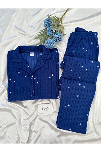 Lena Homewears طقم بيجامة من الصوف بأزرار على شكل نجمة باللون الأزرق الداكن