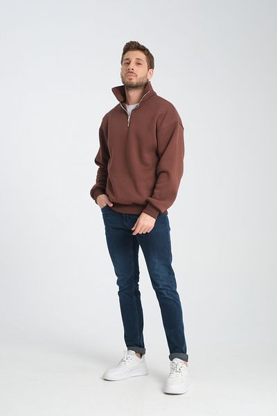 Store Πράσινο Unisex Oversize Βαμβακερό Fleece Μάλλινο Σαλιάρα με Κολάρα - Μισό φερμουάρ