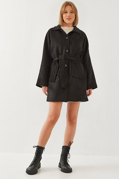 Bianco Lucci Women's Striped Lining Detail Belted Suede Trench Coat 2601 60351118