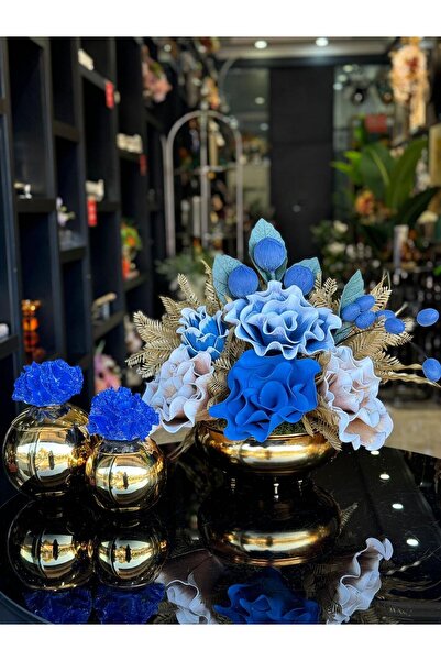 TASARIMHMODA Yapay Çiçekli Gold Yassı Vazo 3 Parça Set No:4