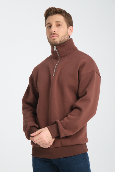 Store Чоловічий кавовий UNISEX OVERSIZE БАВОВНЯНИЙ ВНУТРІШНІЙ ФУТАР З ВОВНОЮ ВЕРТИКАЛЬНИЙ КОМИР ПІВЗАСТІБКА SWEAT