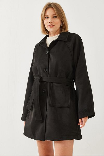 Bianco Lucci Women's Striped Lining Detail Belted Suede Trench Coat 2601 60351118