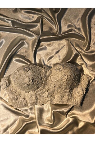 Miss Monalisa Moda Kırık Beyaz Üç boyutlu Çiçekli Crop Astarlı Korse Detaylı Büstiyer