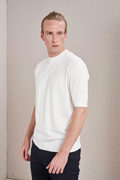 TENA Men's Ecru Stand Collar Ribbed Knitwear T-Shirt