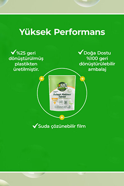 Just Green Organic Bitkisel Bulaşık Makinesi Tableti - %100 Bitkisel - Doğal Ve Güçlü Temizlik (30 TABLET) Yerli Üretim