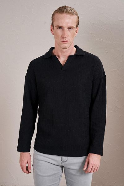 TENA Hanorac jacquard cu mânecă lungă, negru, cu gât polo