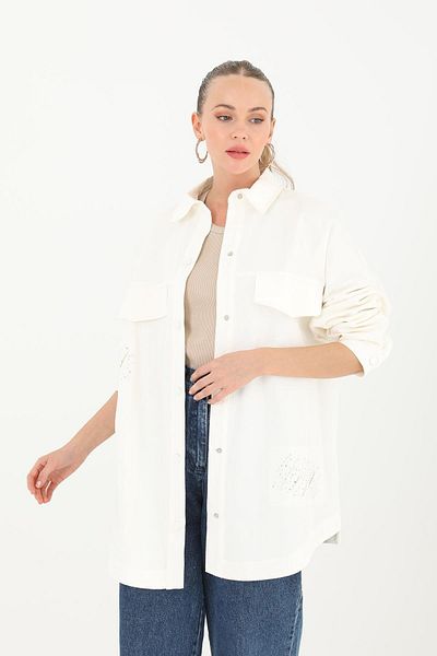 Puane Embroidered Stone Detailed Ecru Jacket 15187