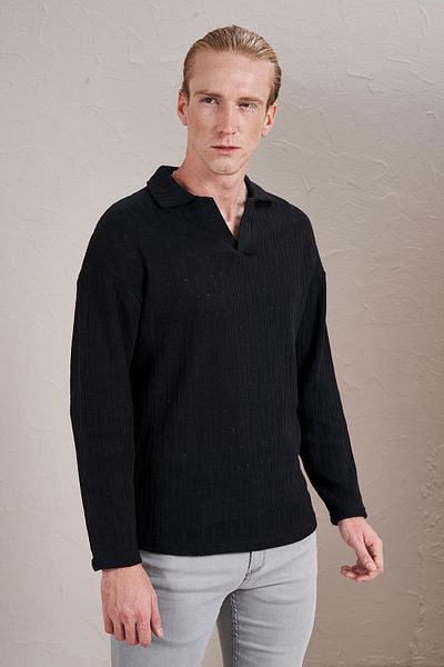 TENA Hanorac jacquard cu mânecă lungă, negru, cu gât polo