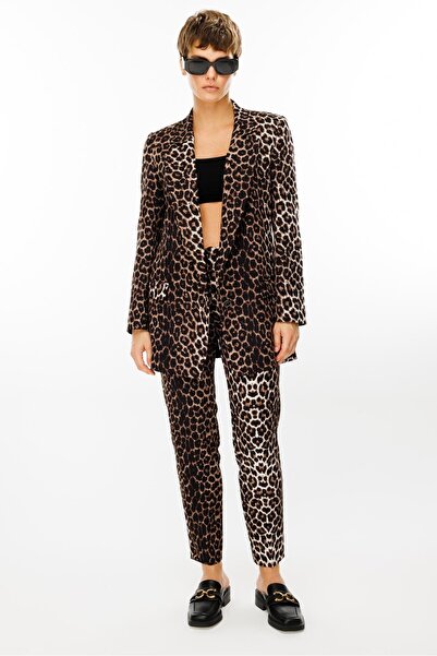 Moda İlgi Modailgi  Leopar Desen Mono Yaka Tek Düğme Ceket Siyah