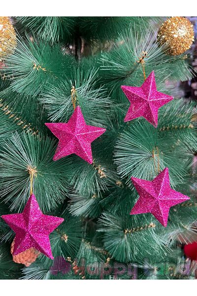 Happyland Christmas Pine Tree Ornament Set of 4 Pink Color Silvery Star Ornament 7 cm Christmas Star Ornament