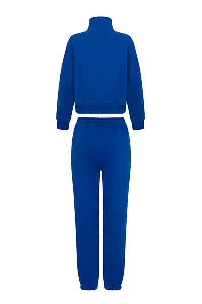 Eazy Co Premium Saks Blue Thick Tracksuit Set - Fleece, Zipper, Double Pockets, Elastic Leg