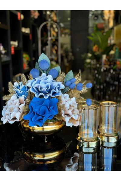 TASARIMHMODA Yapay Çiçekli Gold Yassı Vazo 3 Parça Set No:8