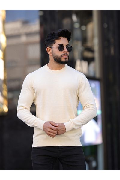 LEON ONE Men's Ecru Color Crew Neck Regular Fit Non-Pilling Knitwear Sweater