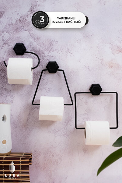 3-Piece Metal Black Adhesive Toilet Paper Holder Set - Stylish WC Paper Holder with Unperforated Mounting