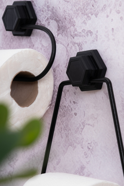 Homekolik 3-Piece Metal Black Adhesive Toilet Paper Holder Set - Hole-Free Mounted Stylish Wc Paper Holder