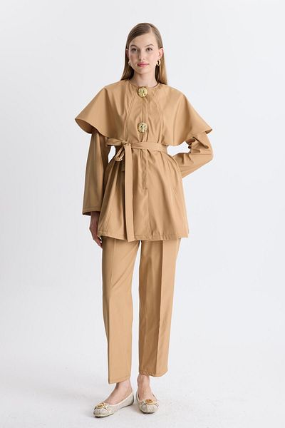 Ahel Tasarım Chanelle Camel Colored Cloak and Belt Set